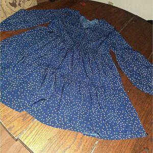 New Medium Navy Blue White Polka Dot 3/4 Sleeve Tunic Loose Fitting Mini…